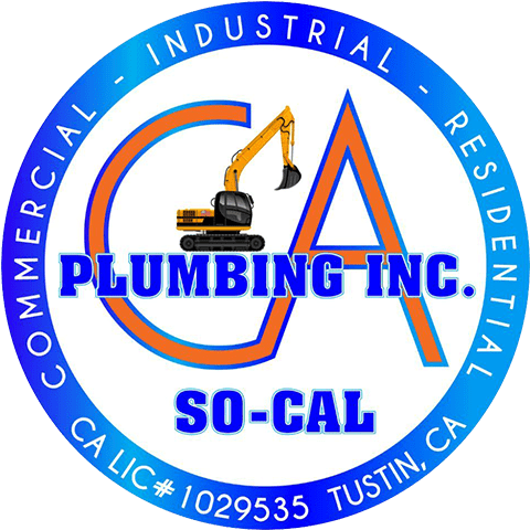 Logo for CA Plumbing Inc. featuring a construction excavator and text highlighting services for commercial, industrial, and residential sectors in So-Cal. License number 1029535, Tustin, CA.
