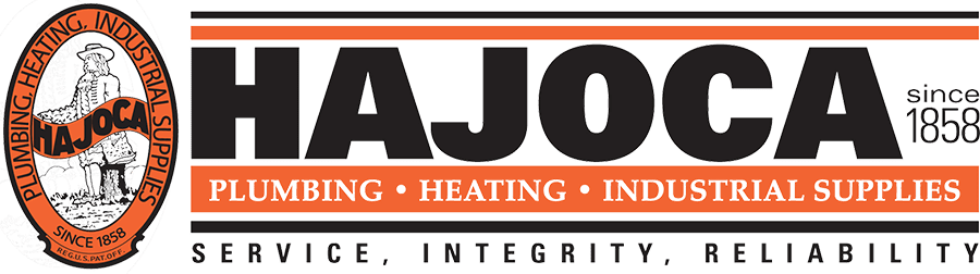 hajoca-logo-large Logo for Hajoca Corporation featuring the text "Plumbing, Heating, Industrial Supplies," alongside the words "Service, Integrity, Reliability." Includes "Since 1858" and a circular emblem.